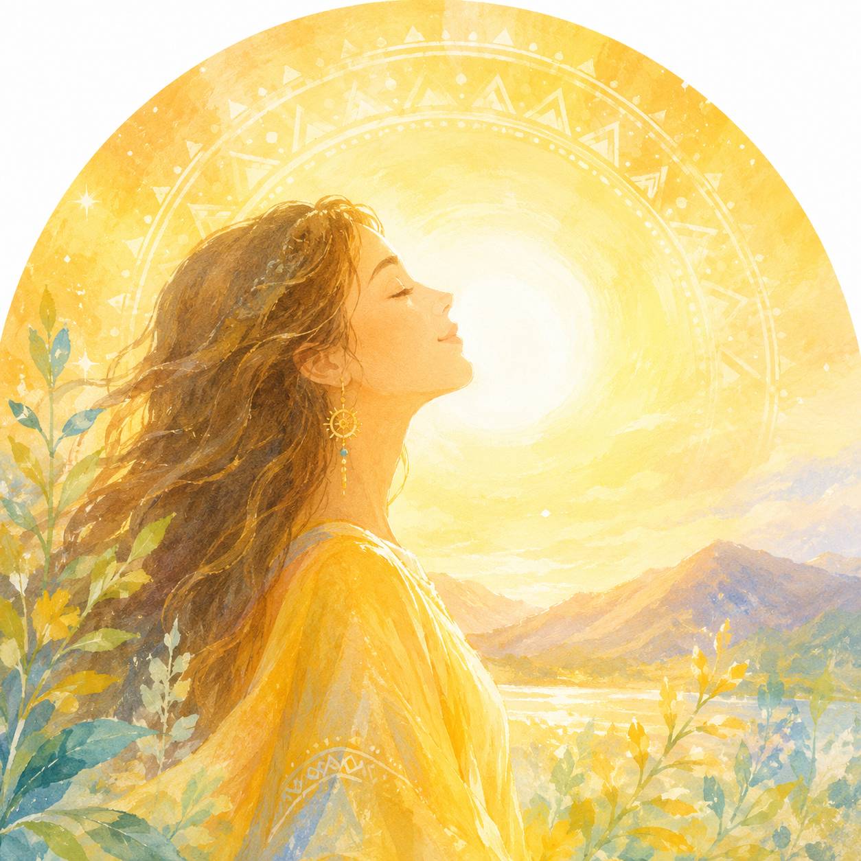 マヤ暦アドバイザー儷和のイメージ画像：太陽の輪の中で空を仰ぐ女性の水彩画